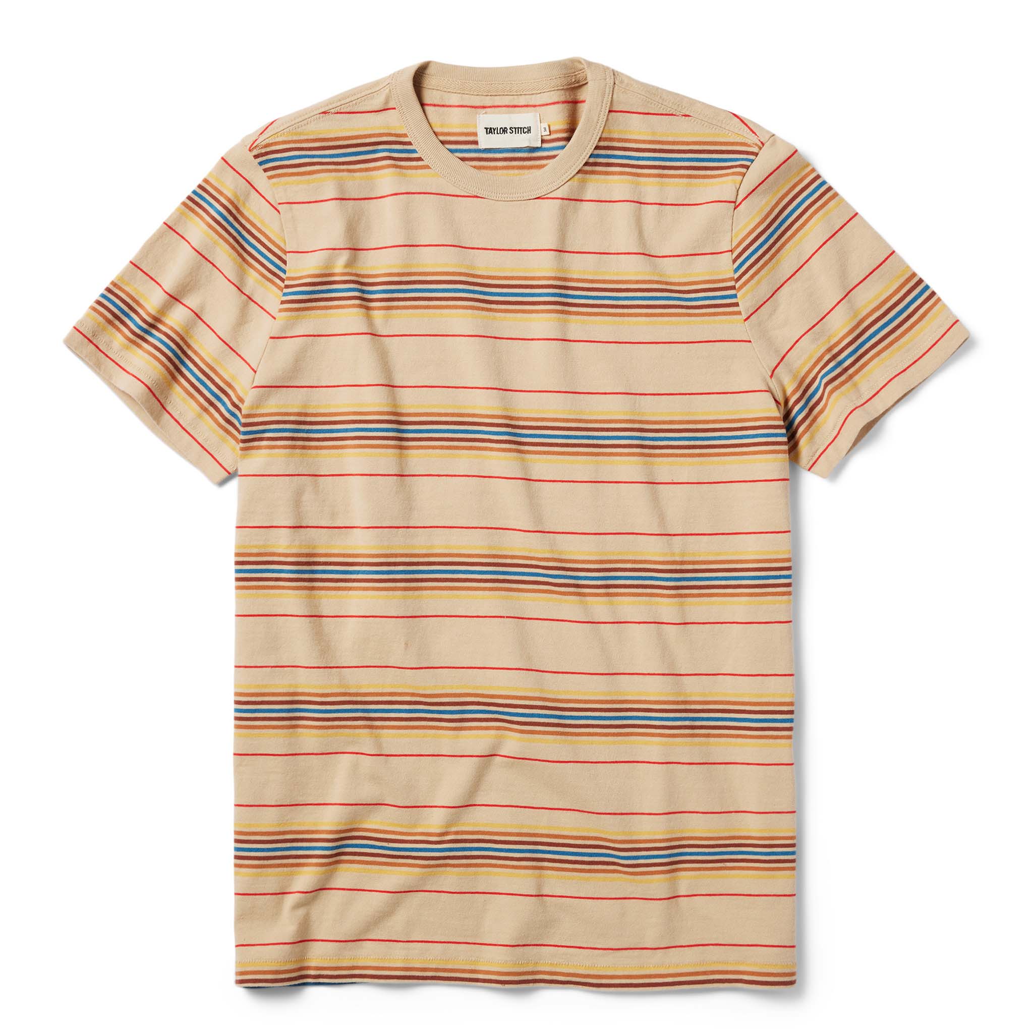 flatlay of The Organic Cotton Tee in Sand Stripe, Knits by Taylor Stitch