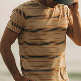fit model wearing The Organic Cotton Tee in Sand Stripe