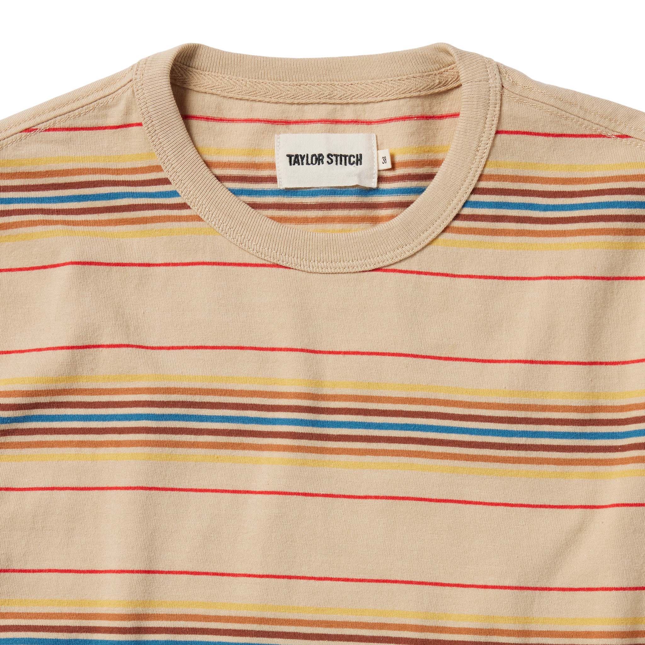 material shot of the collar and label on The Organic Cotton Tee in Sand Stripe, Knits by Taylor Stitch
