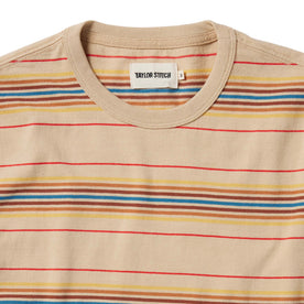 material shot of the collar and label on The Organic Cotton Tee in Sand Stripe