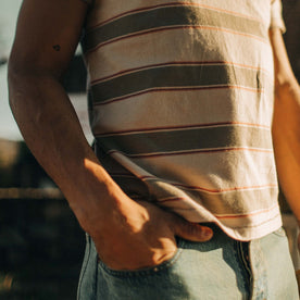 fit model standing in the sun in The Organic Cotton Tee in Seagrass Stripe