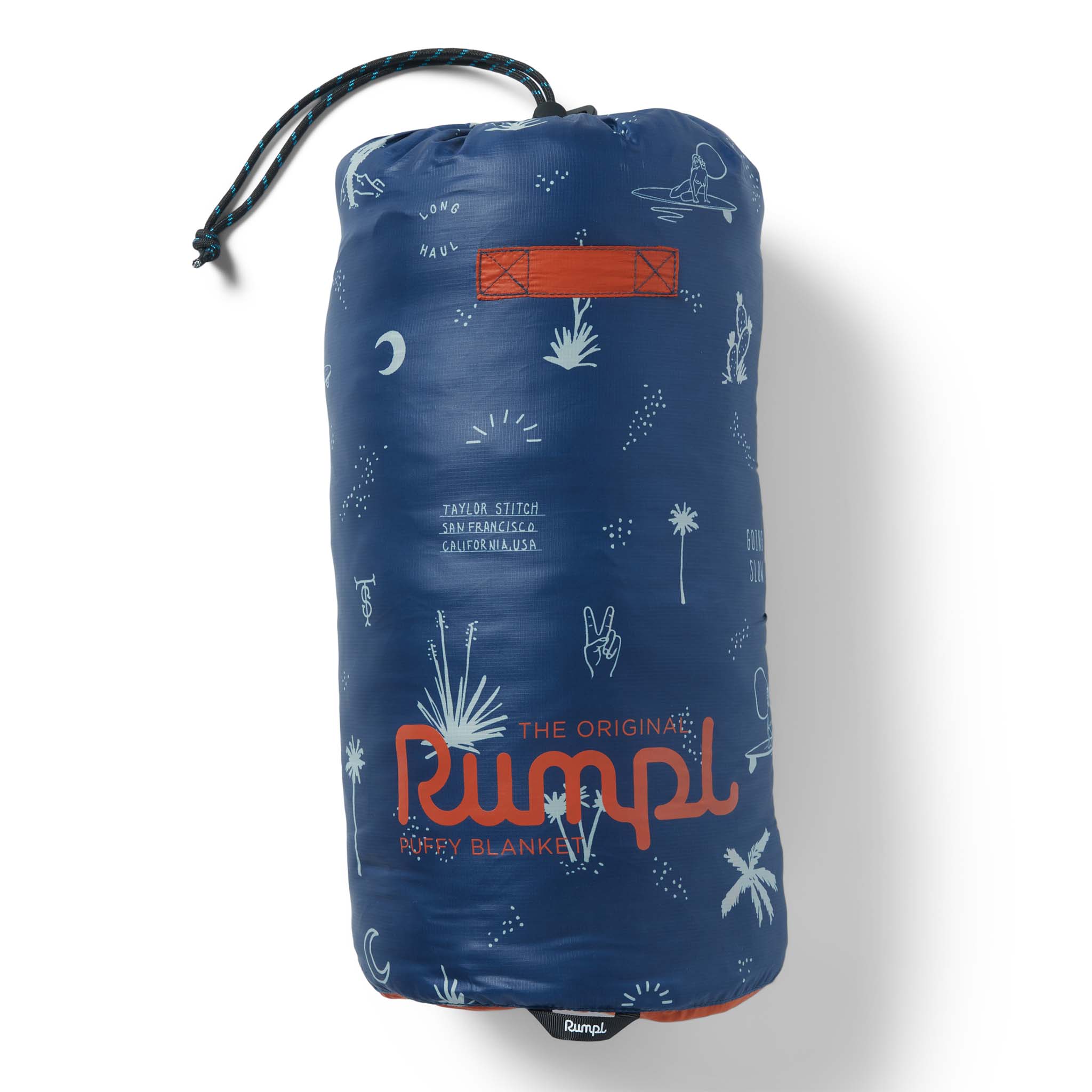 The Original Puffy Blanket in Navy Aloha in its bag, Accessories by Taylor Stitch