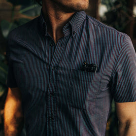 fit model showing the front of The Short Sleeve Jack in Blue Stripe