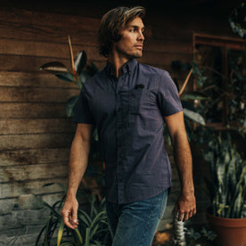 fit model walking in The Short Sleeve Jack in Blue Stripe