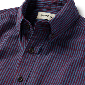 material shot of the collar on The Short Sleeve Jack in Blue Stripe