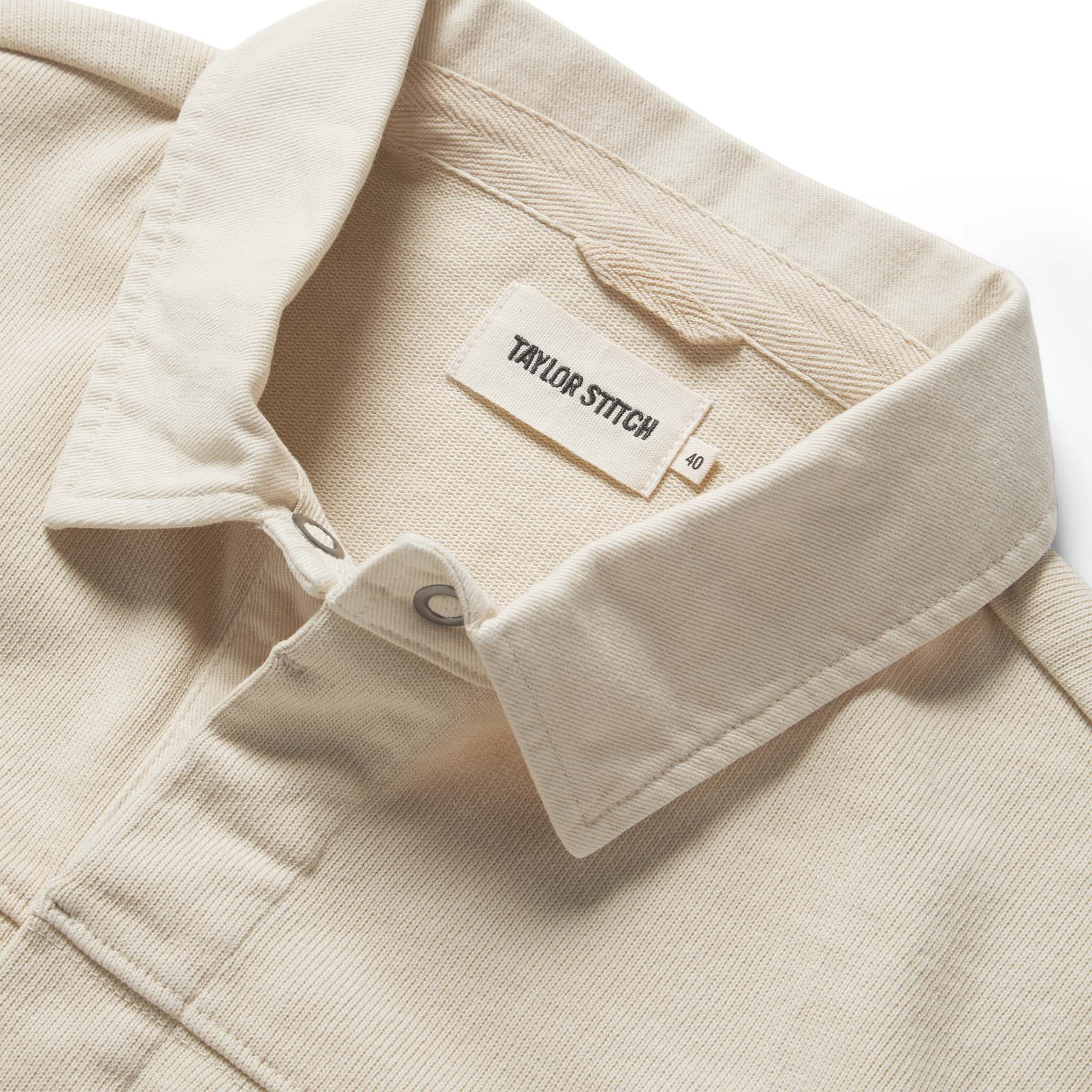 material shot of the collar on The Turnover Shirt in Washed Natural, Knits by Taylor Stitch