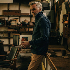 fit model standing in The Turnover Shirt in Washed Indigo