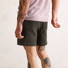 fit model showing the back of The Apres Short in Army Waffle