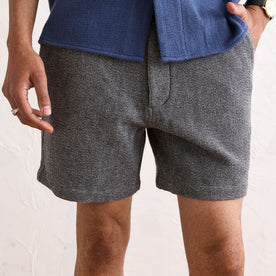 fit model showing the waffle texture on The Apres Short in Charcoal Waffle