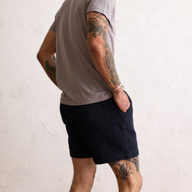 fit model showing the back of The Apres Short in Indigo Waffle