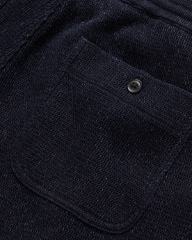 material shot of the rear pocket of The Apres Short in Indigo Waffle, Bottoms by Taylor Stitch