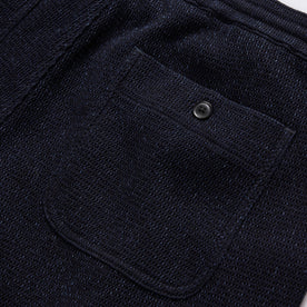 material shot of the rear pocket of The Apres Short in Indigo Waffle