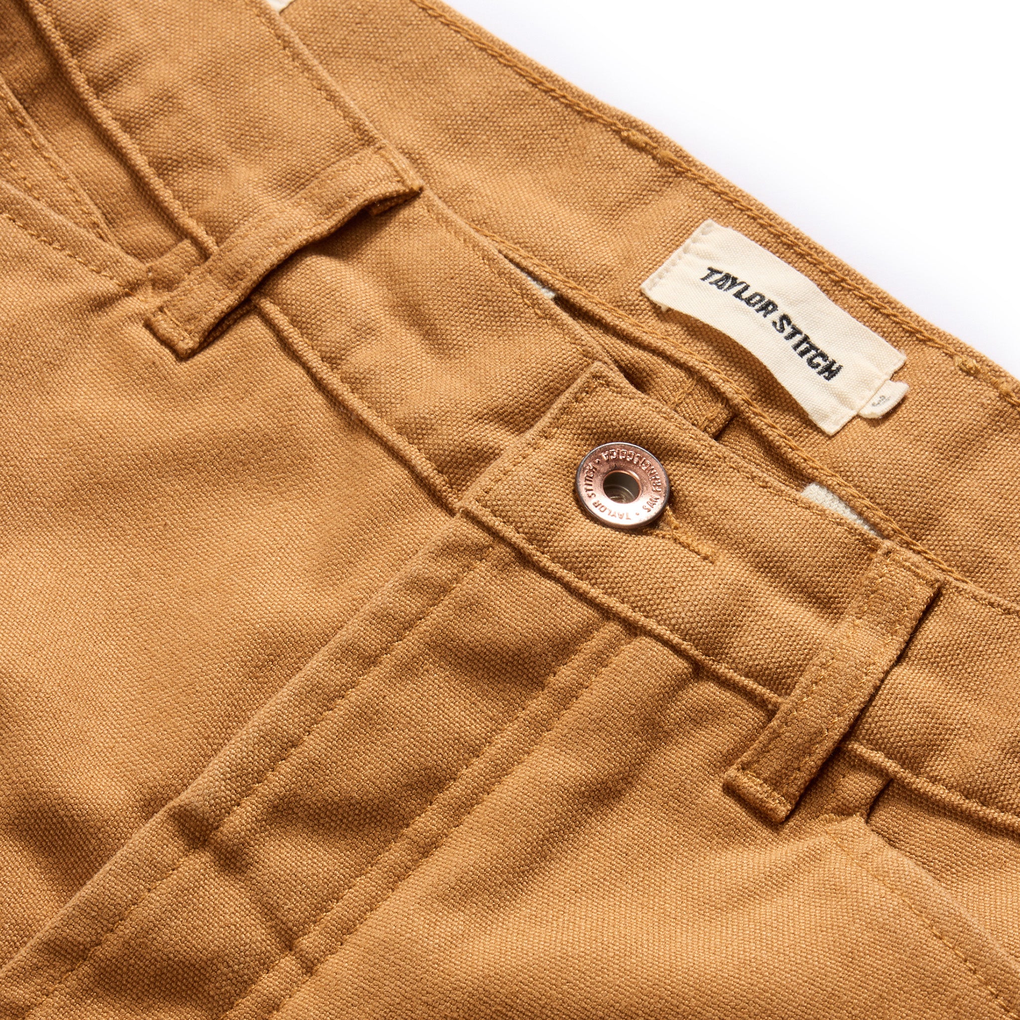 material shot of the button fly on The Camp Short in Cedar Boss Duck, Bottoms by Taylor Stitch