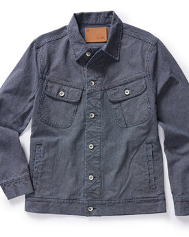 flatlay of The Long Haul Jacket in Washed Indigo Stripe, Outerwear by Taylor Stitch