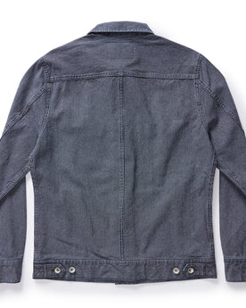 flatlay of The Long Haul Jacket in Washed Indigo Stripe, shown from back, Outerwear by Taylor Stitch