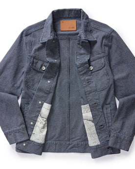 flatlay of The Long Haul Jacket in Washed Indigo Stripe, shown open, Outerwear by Taylor Stitch