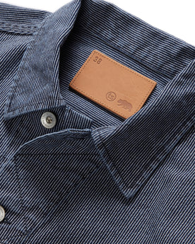 material shot of the collar on The Long Haul Jacket in Washed Indigo Stripe, Outerwear by Taylor Stitch