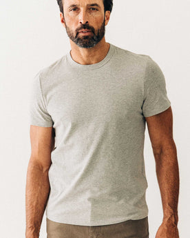 fit model wearing The Organic Cotton Tee in Heather Grey, Knits by Taylor Stitch