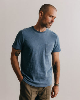 fit model in The Organic Cotton Tee in Dyed Indigo, Knits by Taylor Stitch