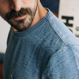 fit model showing the textural detail on The Organic Cotton Tee in Dyed Indigo