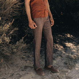 fit model standing in The Sheffield Trouser in Cocoa Linen