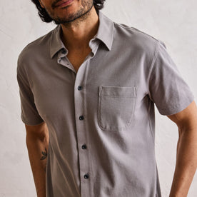 fit model showing the front of The Short Sleeve California in Steeple Grey Pique