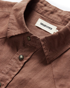material shot of the collar and the concho button on The Short Sleeve Western in Dried Guajillo, Wovens by Taylor Stitch