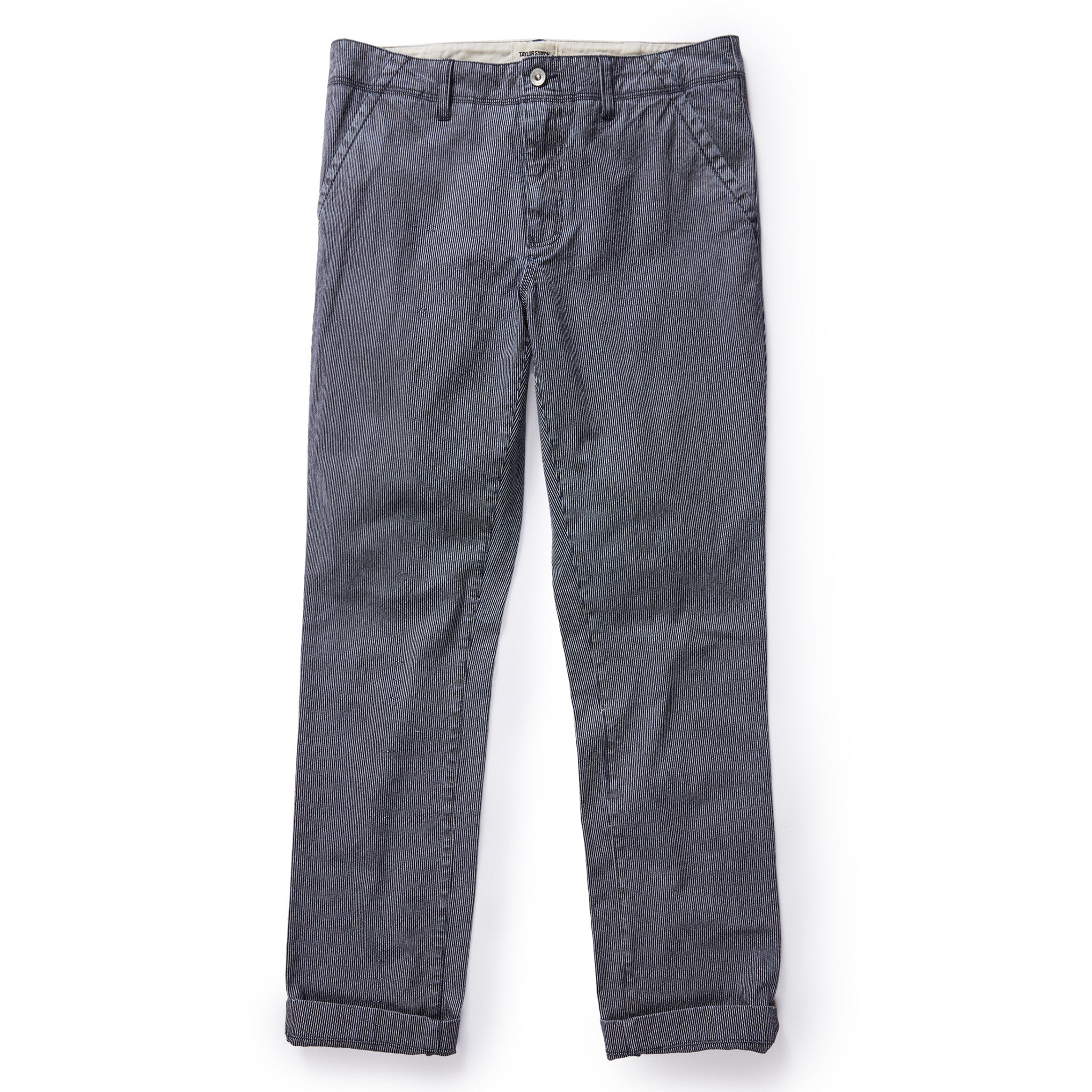 flatlay of The Morse Pant in Washed Indigo Stripe, shown in full, Bottoms by Taylor Stitch