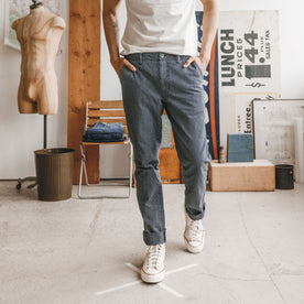 fit model in The Morse Pant in Washed Indigo Stripe