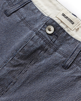 material shot of the button fly on The Morse Pant in Washed Indigo Stripe, Bottoms by Taylor Stitch
