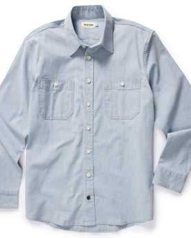 flatlay of The Utility Shirt in Washed Indigo Boss Duck, shown in full, Wovens by Taylor Stitch