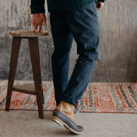 fit model wearing The Camp Pant in Coal Boss Duck, side shot, hand in pocket