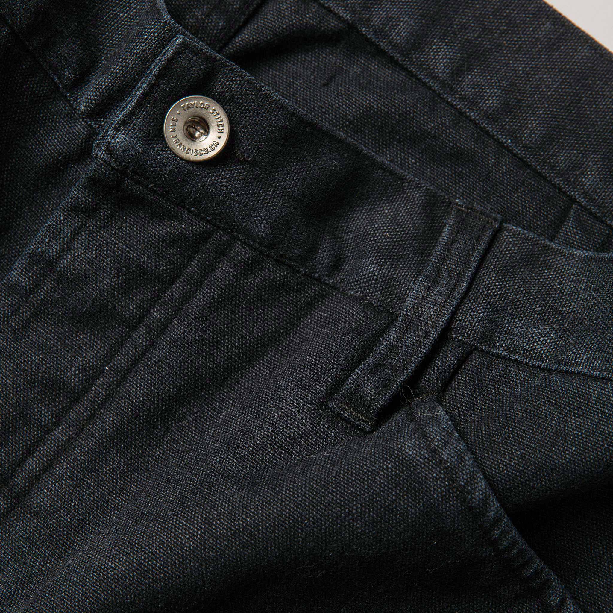 material shot of pocket and button, Bottoms by Taylor Stitch