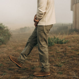 fit model wearing The Camp Pant in Stone Boss Duck, hands in pockets