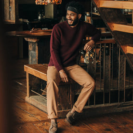 fit model wearing The Camp Pant in Tobacco Boss Duck, looking left, Bottoms by Taylor Stitch