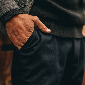 fit model wearing The Carmel Pant in Navy Wool, up close shot of pocket