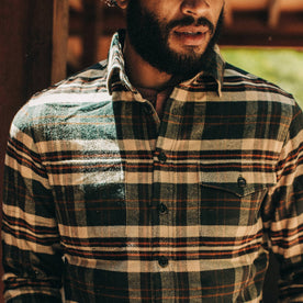 fit model wearing The Crater Shirt in Forest Plaid, chest
