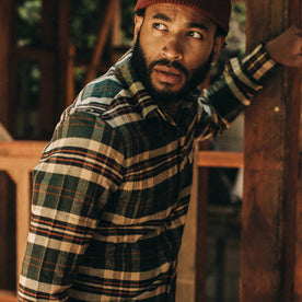 fit model wearing The Crater Shirt in Forest Plaid, shoulder shot