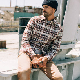 fit model wearing The Crater Shirt in Ivory Plaid, looking left