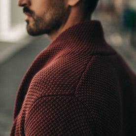 fit model wearing The Crawford Sweater, shoulder