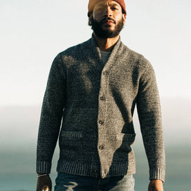 fit model wearing The Crawford Sweater, looking into camera