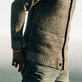 fit model wearing The Crawford Sweater, pocket