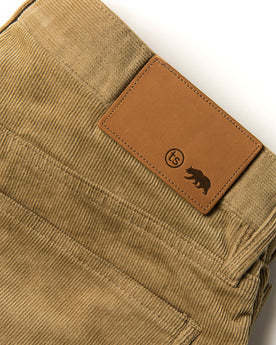 material shot of leather tab, Bottoms by Taylor Stitch