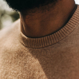 fit model wearing The Double Knit Sweater in British Khaki, collar detail