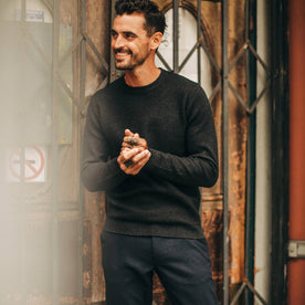 fit model wearing The Double Knit Sweater in Charcoal, hands clasped