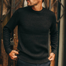 fit model wearing The Double Knit Sweater in Charcoal, cropped nose down