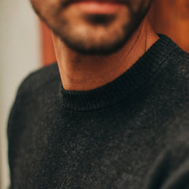 fit model wearing The Double Knit Sweater in Charcoal, collar detail