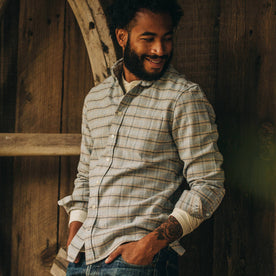fit model wearing The Jack in Sky Plaid, looking right