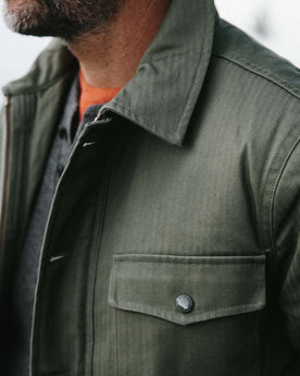 fit model showing close up of The Lined Watts Jacket in Olive, Outerwear by Taylor Stitch