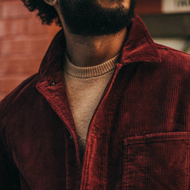 fit model wearing The Ojai Jacket in Burgundy Cord, chest shot